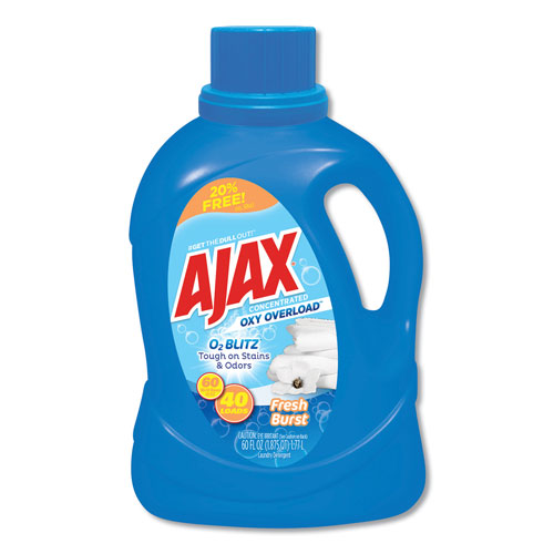 Ajax Laundry Detergent Liquid, Oxy Overload, Fresh Burst Scent, 40 Loads, 60 oz Bottle, 6/Carton