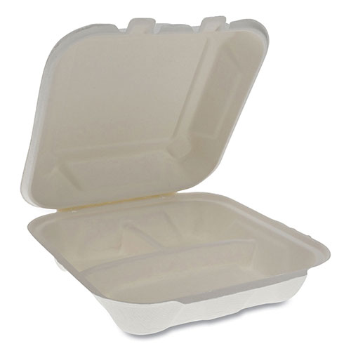 Pactiv EarthChoice Bagasse Hinged Lid Container, 7.8 x 7.8 x 2.8, 3-Compartment, Natural, 150/Carton