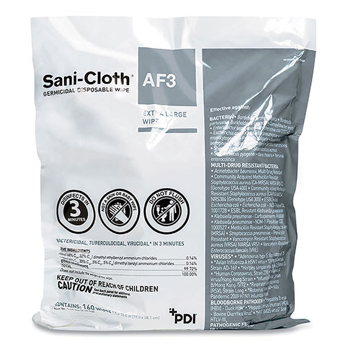 Sani Professional Sani-Cloth AF3 Germicidal Disposable Wipe Refill, Extra-Large, 7.5 x 15, Unscented, White, 160 Wipes/Bag, 2 Bags/Carton