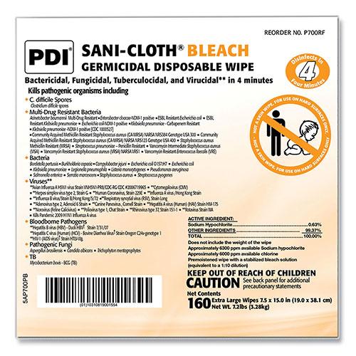 Sani Professional Sani-Cloth Bleach Germicidal Disposable Wipe Refill, 7.5 x 15, Unscented, White, 160/Bag, 2 Bags/Carton