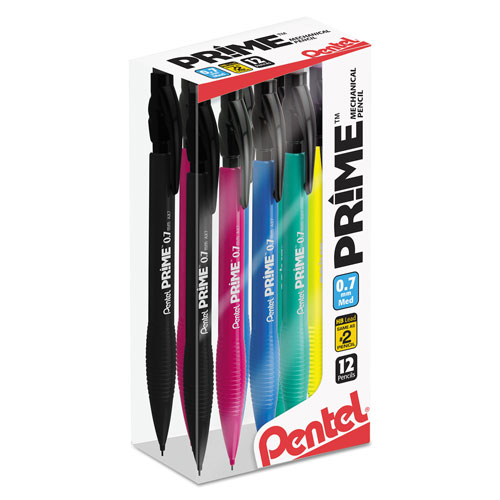 Pentel PRIME Mechanical Pencil, 0.7 mm, HB (#2.5), Black Lead, Assorted Barrel Colors, Dozen