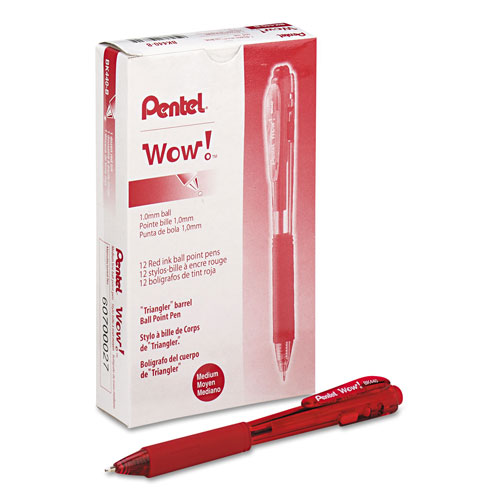 Pentel WOW! Retractable Ballpoint Pen, Medium 1 mm, Red Ink/Barrel, Dozen