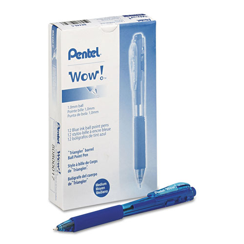 Pentel WOW! Retractable Ballpoint Pen, Medium 1 mm, Blue Ink/Barrel, Dozen