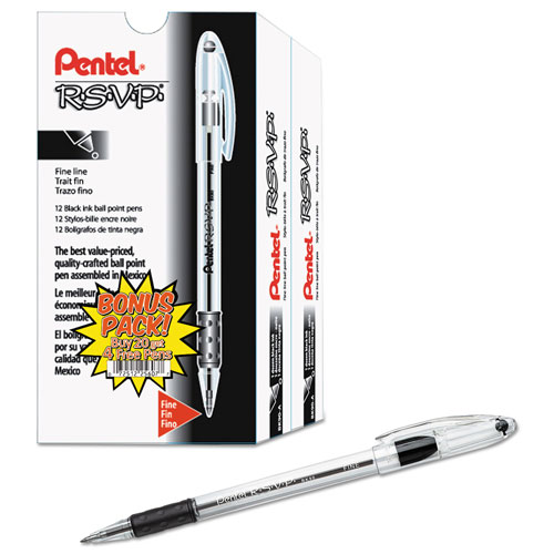 Pentel R.S.V.P. Stick Ballpoint Pen Value Pack, 0.7mm, Black Ink, Clear/Black Barrel, 24PK