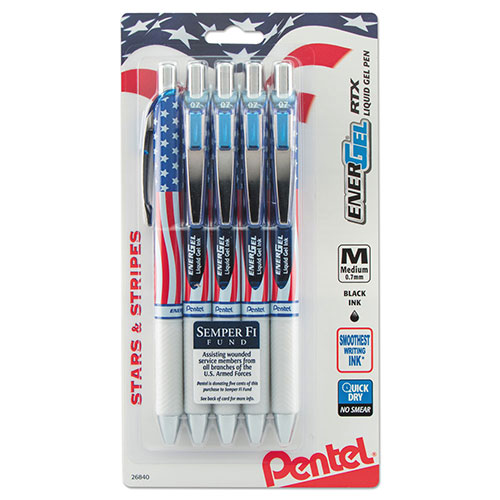 Pentel EnerGel RTX Retractable Gel Pen, 0.7mm, Black Ink, Red/White/Blue Barrel, 5/Pack