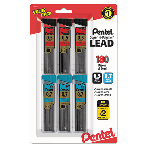 Pentel Super Hi-Polymer Lead Refill Value Pack, 0.5 mm; 0.7 mm, HB, Black, 30/Tube, 6 Tubes/Pack