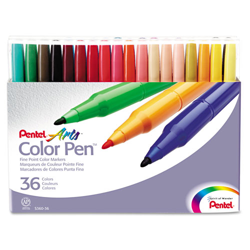 Pentel 36-Color Pen Set, Fine Bullet Tip, Assorted Colors, 36/Set