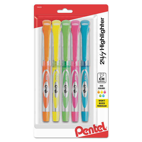 Pentel 24/7 Highlighters, Chisel Tip, Assorted Colors, 5/Set