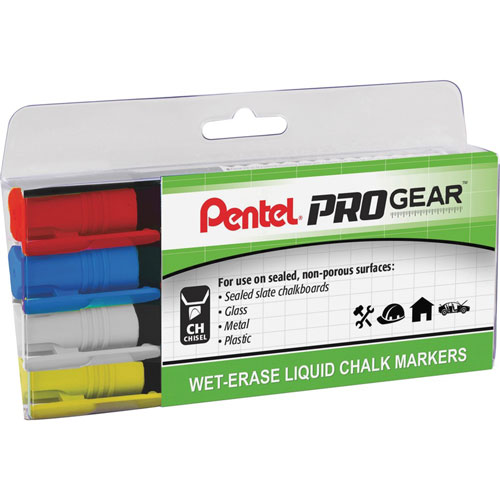 Pentel Liquid Chalk Markers, Chisel Tip, Wet-Erase, 4/Pk, Ast
