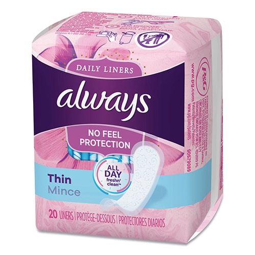 Always® Daily Panty Liners, Thin Regular, Unscented, 20 Per Box, 24/Case, 480 Total