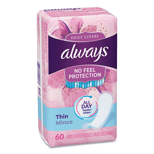 Always® Daily Panty Liners, Thin Regular, Unscented, 60 Per Box