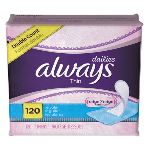 Always® Daily Panty Liners, Thin Regular, Unscented, 120 Per Box, 6/Case, 720 Total