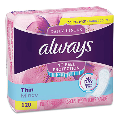Always® Daily Panty Liners, Thin Regular, Unscented, 120 Per Box, 6/Case, 720 Total