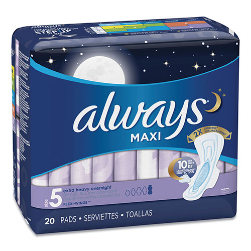Always® Maxi Pads with Wings, Extra Heavy, Overnight, Unscented, Size 5, 20 Per Box