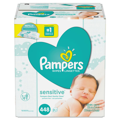 Pampers® Sensitive Wipes, Refills, Unscented, 64 Per Pack, 7/Case, 448 Wipes Total