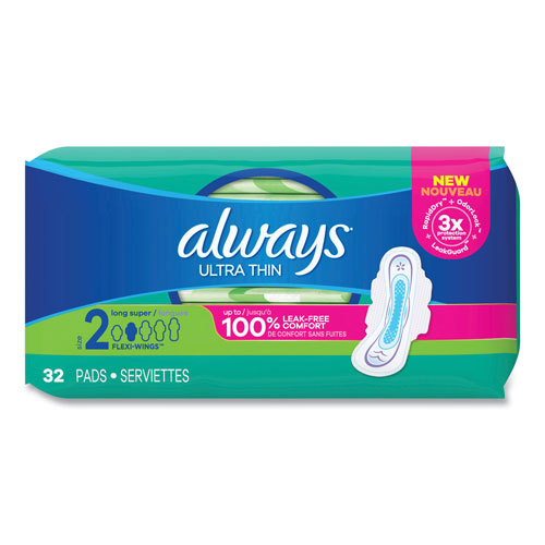 Always® Ultra Thin Pads with Wings, Size 2, Long, Super Absorbent, 32/Pack, 3 Packs/Carton