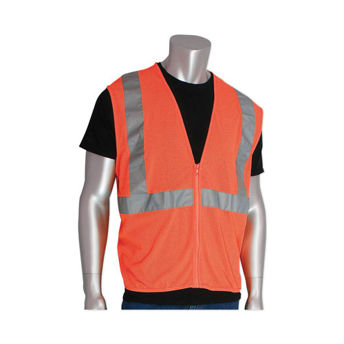 PIP ANSI Class 2 Two-Pocket Zipper Mesh Safety Vest, Polyester Mesh, Large, Orange