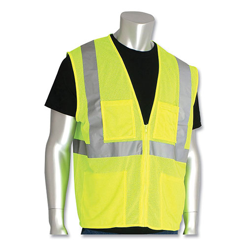 PIP ANSI Class 2 Four Pocket Zipper Safety Vest, Polyester Mesh, 5X-Large, Hi-Viz Lime Yellow