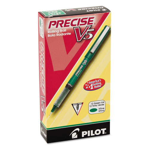 Pilot Precise V5 Stick Roller Ball Pen, Extra-Fine 0.5mm, Green Ink/Barrel, Dozen