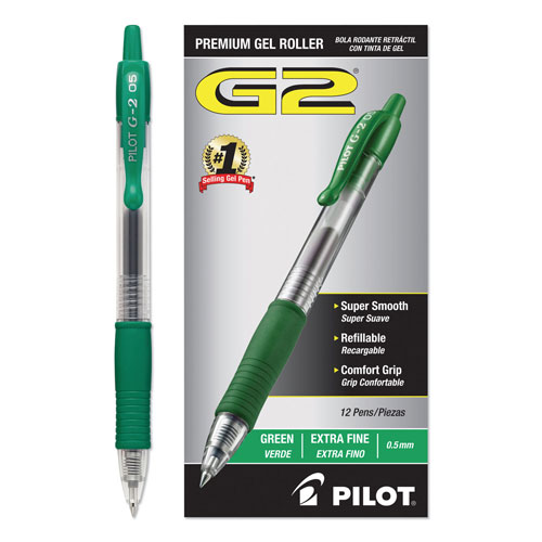 Pilot G2 Premium Retractable Gel Pen, 0.5mm, Green Ink, Smoke Barrel, Dozen
