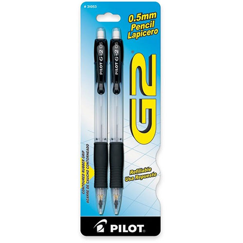 Pilot Mechanical Pencil, Rubber Grip, Refillable, .5mm, 2/PK, BK