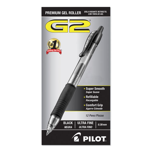 Pilot G2 Premium Retractable Gel Pen, 0.38mm, Black Ink, Clear/Black Barrel, Dozen