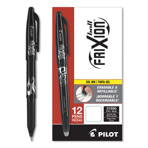 Pilot FriXion Ball Erasable Stick Gel Pen, Fine 0.7mm, Black Ink, Black Barrel