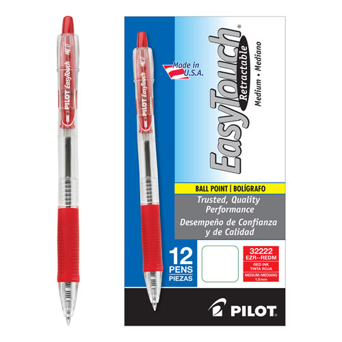 Pilot EasyTouch Retractable Ballpoint Pen, Medium 1mm, Red Ink, Clear Barrel, Dozen
