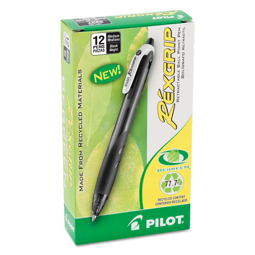 Pilot RexGrip BeGreen Retractable Ballpoint Pen, Medium 1mm, Black Ink/Barrel, Dozen