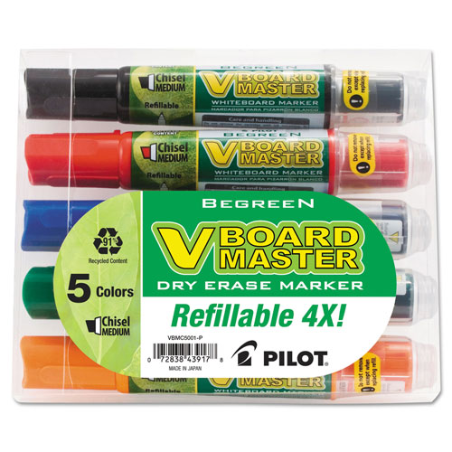 Pilot BeGreen V Board Master Dry Erase Marker, Medium Chisel Tip, Assorted Colors, 5/Pack