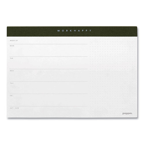 Poppin Work Happy Paper Desk Pad Planner, 10 x 7, Coast White/Charcoal Sheets, Olive Binding, Undated