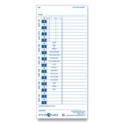 Pyramid Time Clock Cards for Pyramid Technologies 3000, One Side, 4 x 9, 100/Pack