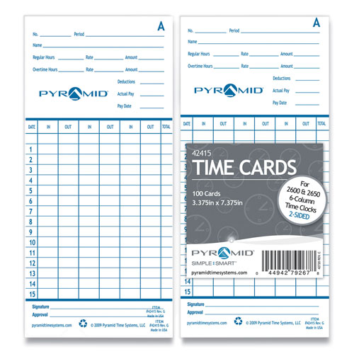 Pyramid Time Clock Cards for Pyramid Technologies 2000/6000, Two Sides, 3.38 x 7.44, 100/Pack