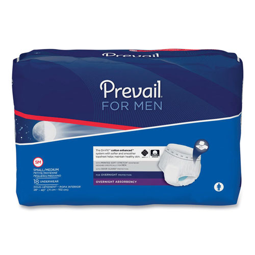 Prevail® For Men Overnight Protective Underwear, Small/Medium, 28" to 40" Waist, 72/Carton