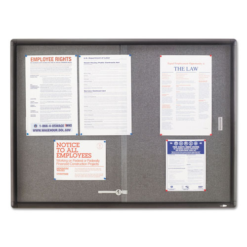 Quartet® Enclosed Bulletin Board, Fabric/Cork/Glass, 48 x 36, Gray, Aluminum Frame