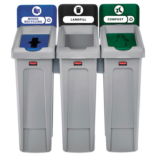 Rubbermaid Slim Jim Recycling Station Kit, 3-Stream Landfill/Mixed Recycling, 69 gal, Plastic, Blue/Gray/Green