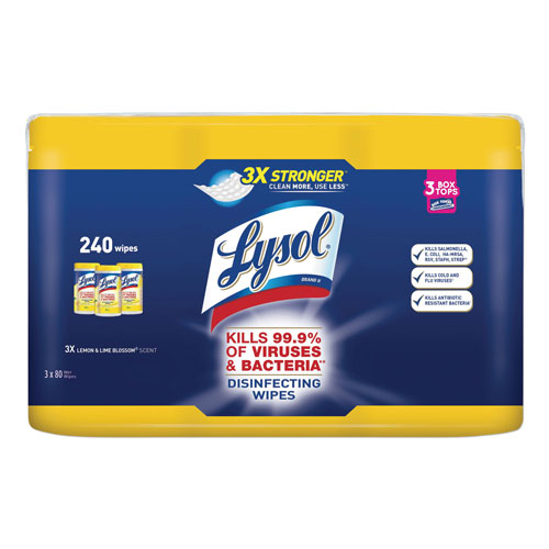 Lysol Disinfecting Wipes, 7 x 8, Lemon and Lime Blossom, 80 Wipes/Canister, 3 Canisters/Pack, 2 Packs/Carton