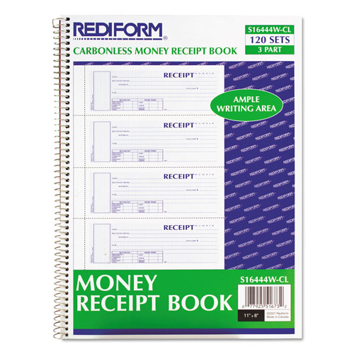 Rediform Spiralbound Unnumbered Money Receipt Book, Three-Part Carbonless, 7 x 2.75, 4 Forms/Sheet, 120 Forms Total