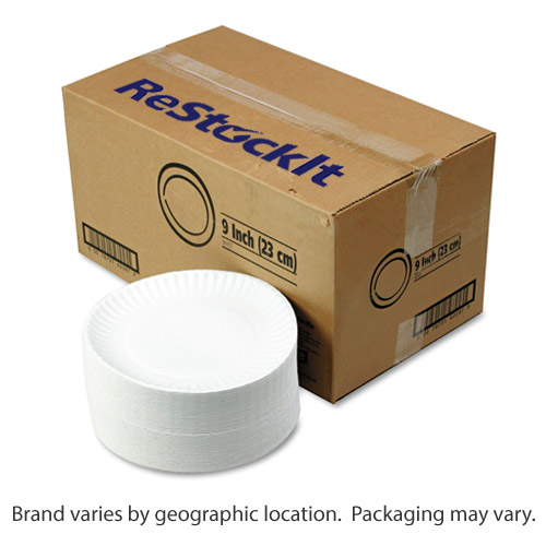 ReStockIt Disposable 9" Paper Plates, White, 100/Bag, 10 Bags/Case, 1000 per case