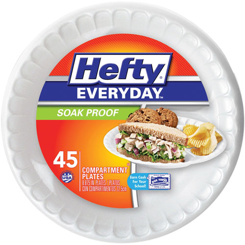 Hefty Foam Plate, 3-Section, Soak-Proof, 8-7/8", 45/PK, White