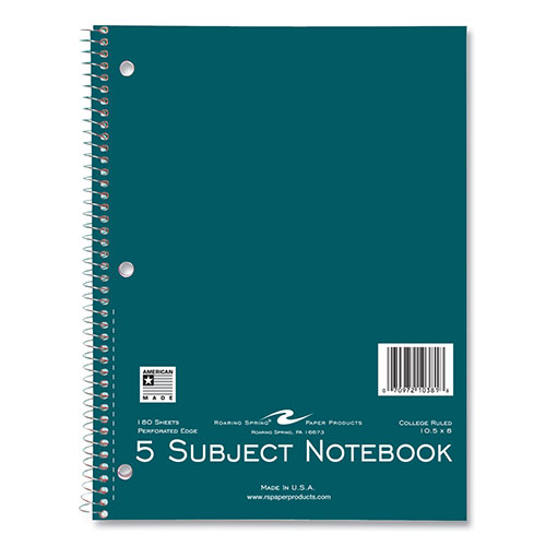 Roaring Spring Paper Subject Wirebound Notebook, 5-Subject, Medium/College Rule, Asst Cover, (180) 10.5 x 8 Sheets, 12/CT