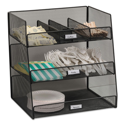Safco Onyx Breakroom Organizers, 3 Compartments,14.625x11.75x15, Steel Mesh, Black