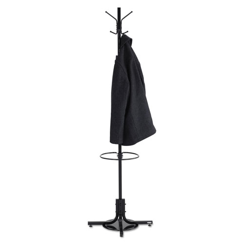 Safco Metal Costumer w/Umbrella Holder, Four Ball-Tipped Double-Hooks, 21w x 21d x 70h, Black