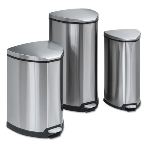 Safco Step-On Waste Receptacle, Triangular, Stainless Steel, 4 gal, Chrome/Black