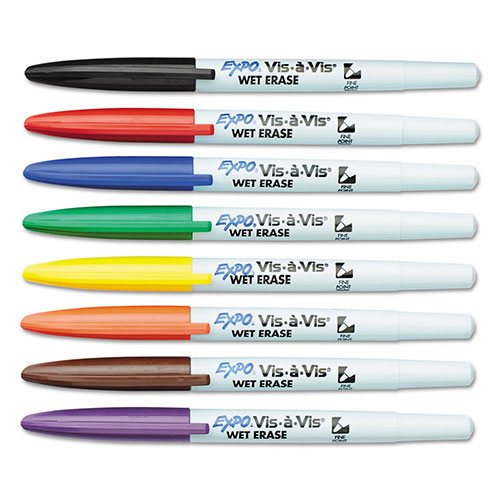 Expo® Vis-à-Vis Wet Erase Marker, Fine Bullet Tip, Assorted Colors, 8/Set