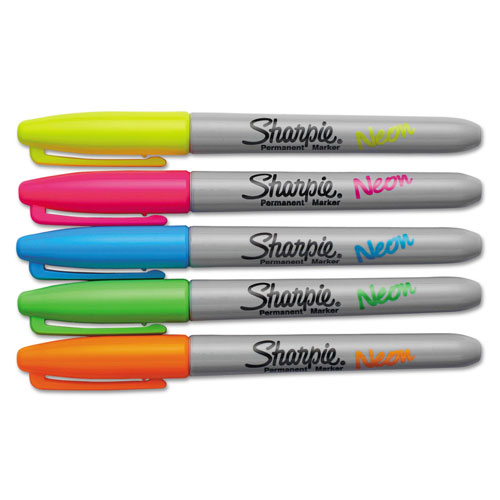 Sharpie® Neon Permanent Markers, Fine Bullet Tip, Assorted Colors, 5/Pack