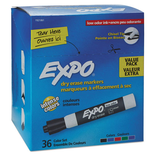 Expo® Low-Odor Dry-Erase Marker, Broad Chisel Tip, Assorted Colors, 36/Box