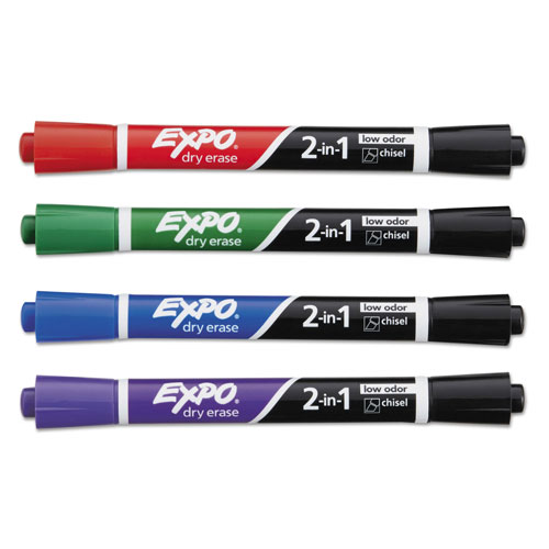 Expo® 2-in-1 Dry Erase Markers, Broad/Fine Chisel Tip, Assorted Colors, 4/Pack