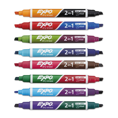 Expo® 2-in-1 Dry Erase Markers, Broad/Fine Chisel Tip, Assorted Colors, 8/Pack