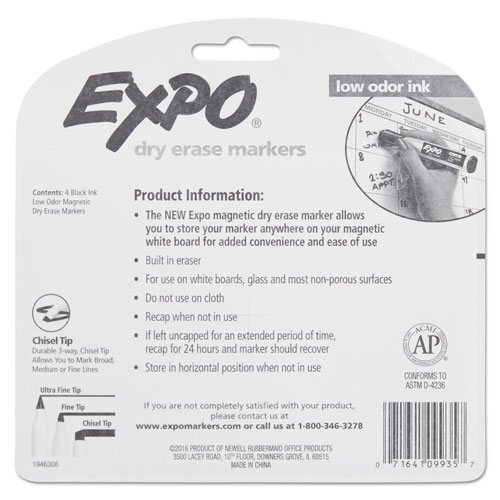 Expo® Magnetic Dry Erase Marker, Broad Chisel Tip, Black, 4/Pack